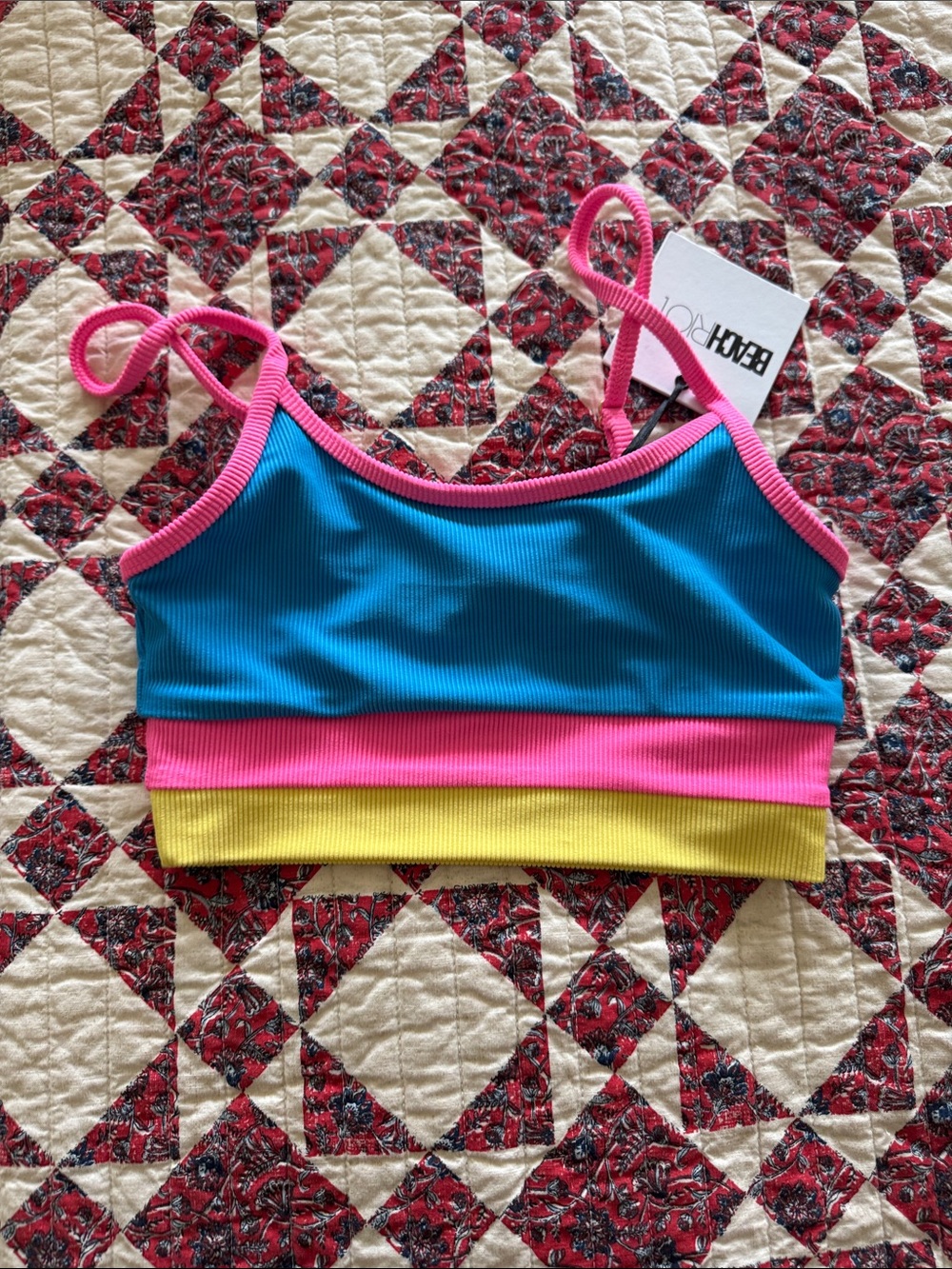 Beach Riot Blue Crop Tank with Pink Trim and Yellow Band
